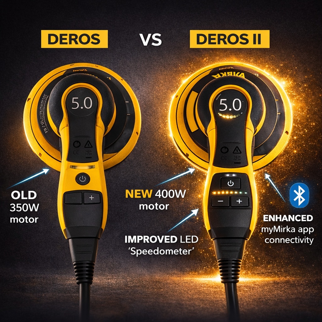 Comparison between Deros and Deros II with highlighted features on a dark background