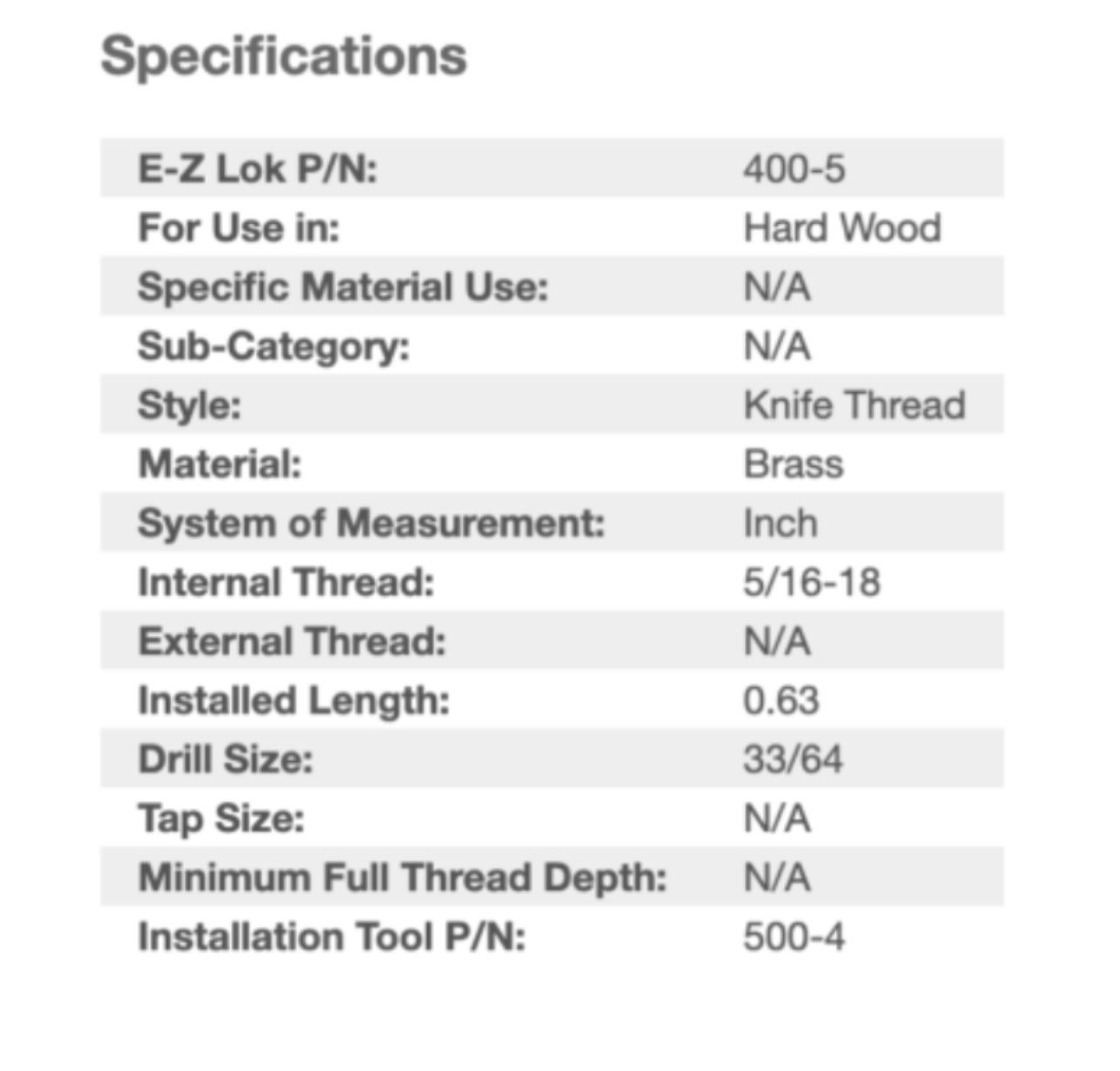 E-Z LOK Knife Threaded Insert Kit for Hardwood 5/16-18 Brass