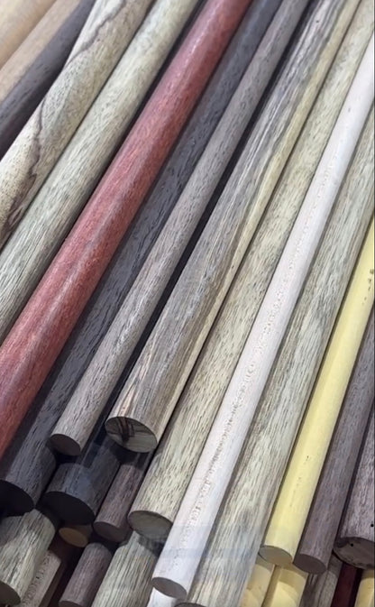 A variety of hardwood dowels in different sizes and species. Available in 5/8", 1", 1.5” and 2" diameters and a wide selection of woods including black walnut, maple, wenge, padauk, yellow heart, purple heart, black limba, oak, cherry and many more. 