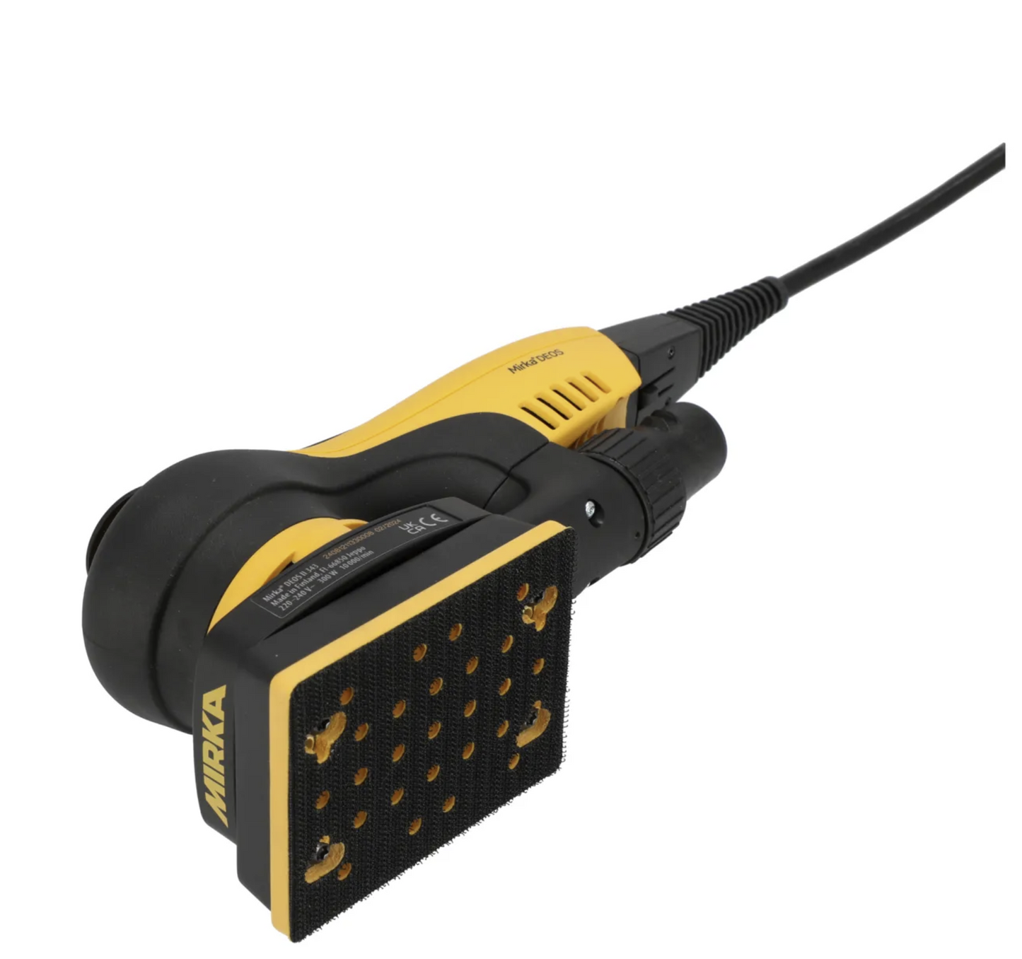 Black and yellow sanding tool with a cable on a white background