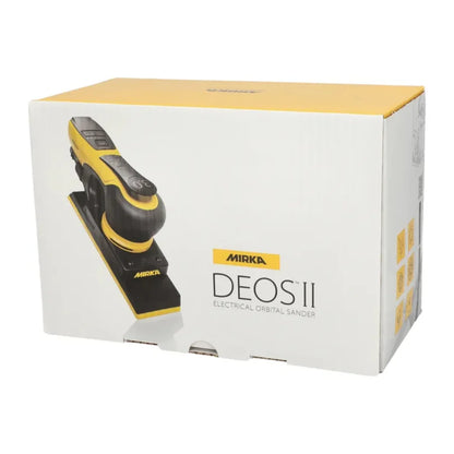 Box of Mirka DEOS II electrical orbital sander on a white background