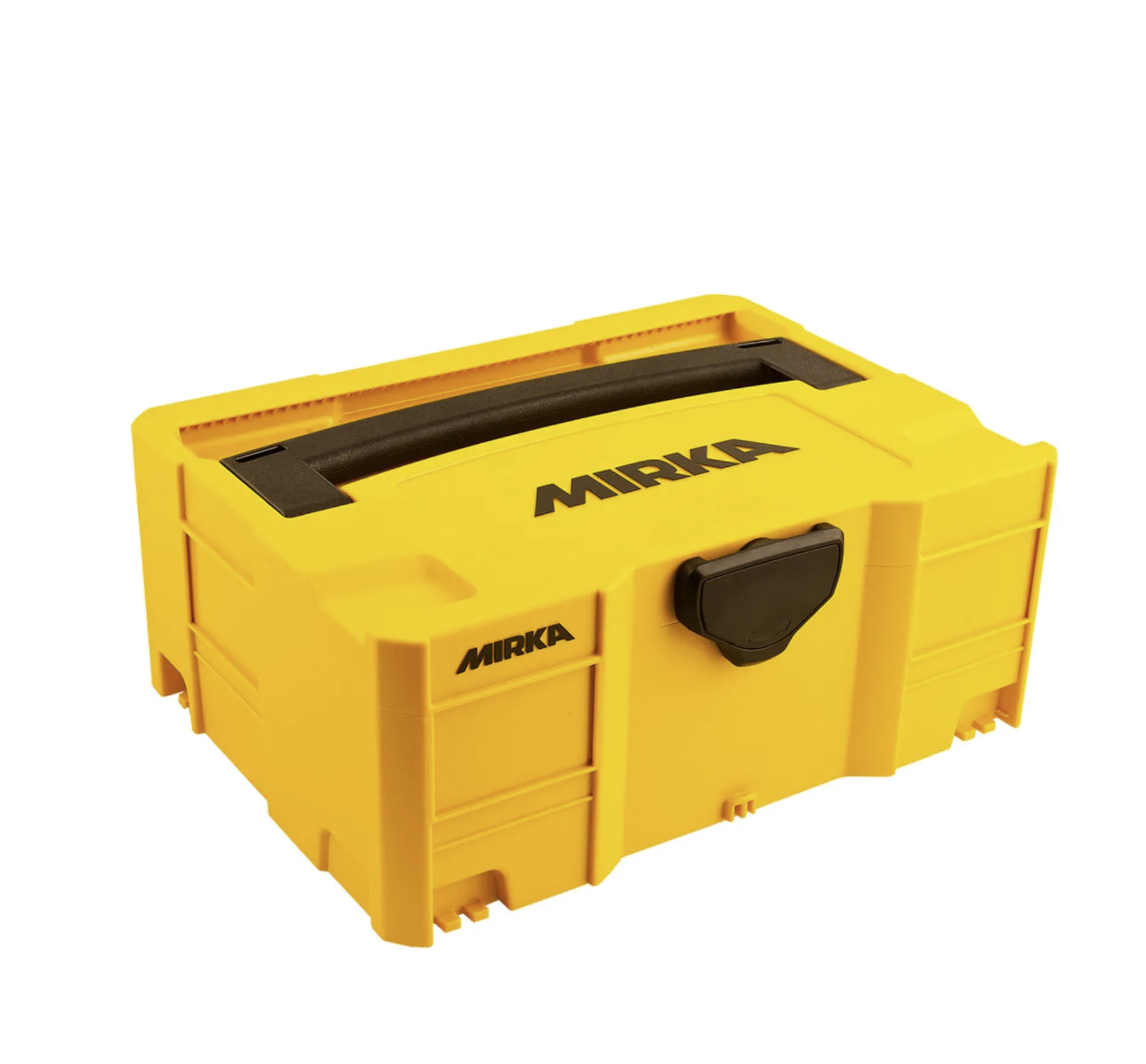 Yellow tool box with black handles and 'Mirka' branding on a white background