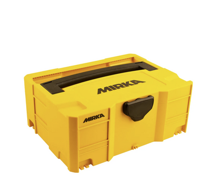 Yellow tool box with black handles and 'Mirka' branding on a white background