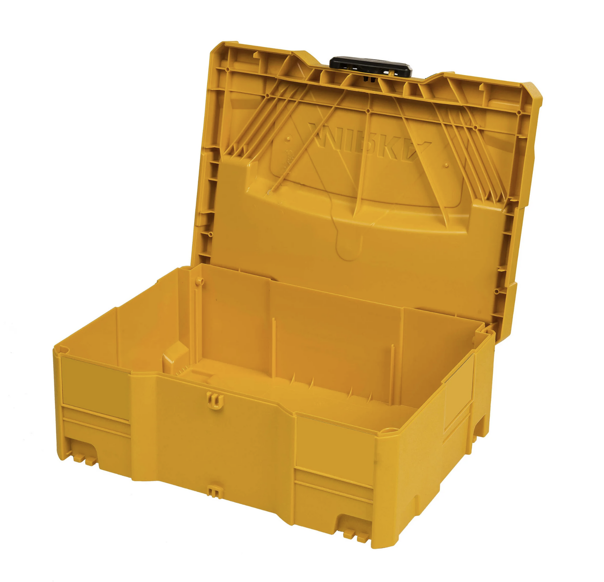 Yellow storage box with open lid on a white background