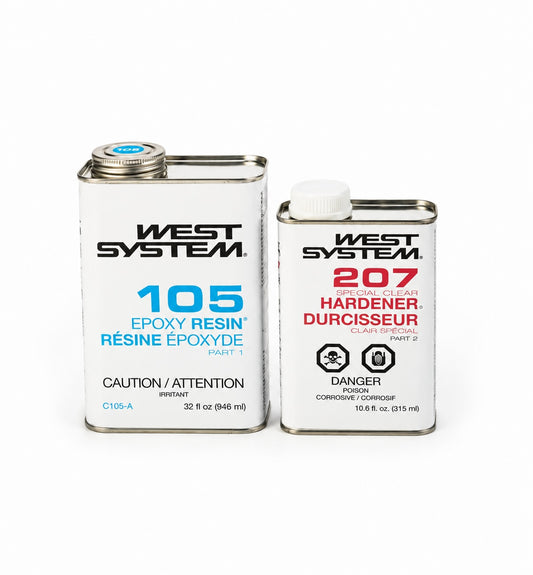 Two West System epoxy resin and hardener metal cans on a white background. The left can is West System 105 Epoxy Resin, and the right can is West System 207 Hardener.

Epoxy resin for coating, bonding and other uses